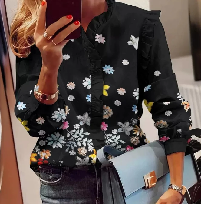 

Elegant Women's Blouses Autumn Fashion Ruffle Patch Printed Shirt O-Neck Long Sleeve Slimming Top Office Commuter Women's Shirts