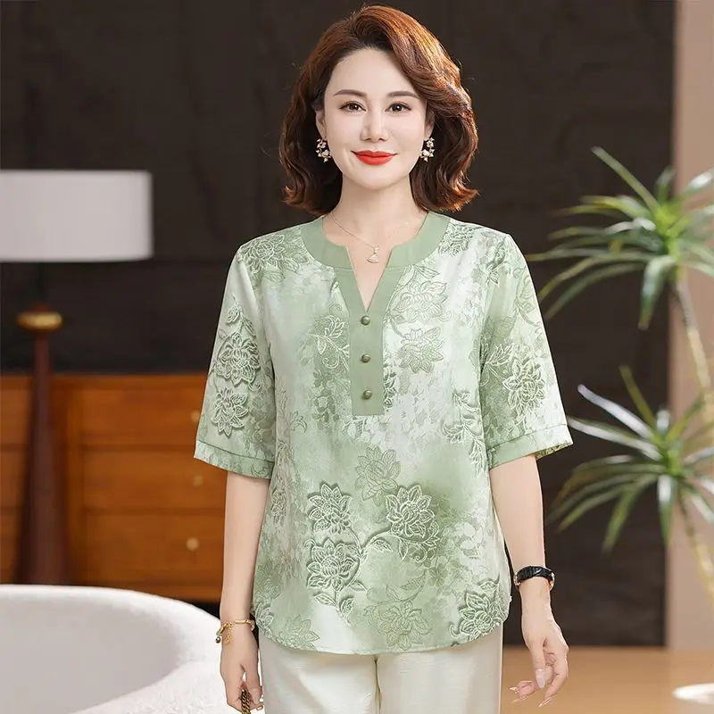 

Temperament Summer Clothing Thin Printed Pullover T-shirt Casual Loose 7-quarter Sleeve Top