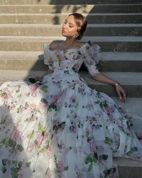 OIMG Chiffon Short Sleeves Prom Dresses Women Print Flowers Sweet A-line Formal Occasion Gown vestido Event Night Dress Prom