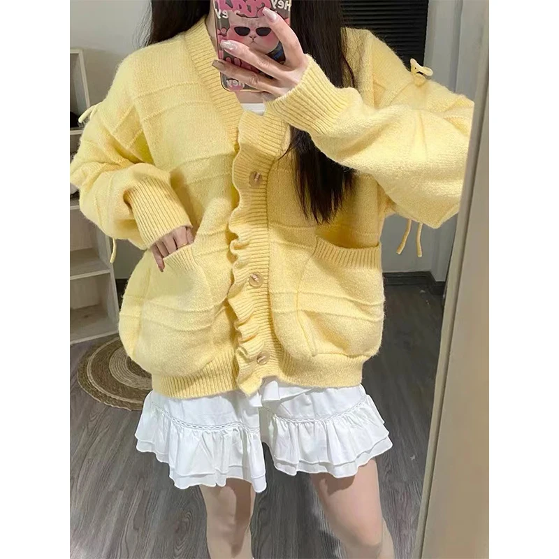 Women Autumn Simplicity Loose Fashion Bow Yellow V-neck Long Sleeve Knitwear Ladies Fashion All-match Cardigan Knitting Tops