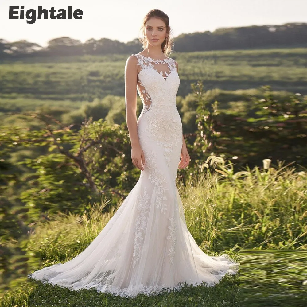 Eightale New Wedding Dress Customized O-Neck Lace Appliques Mermaid Backless Tulle White Ivory Bridal Gown Vestido De Noiva