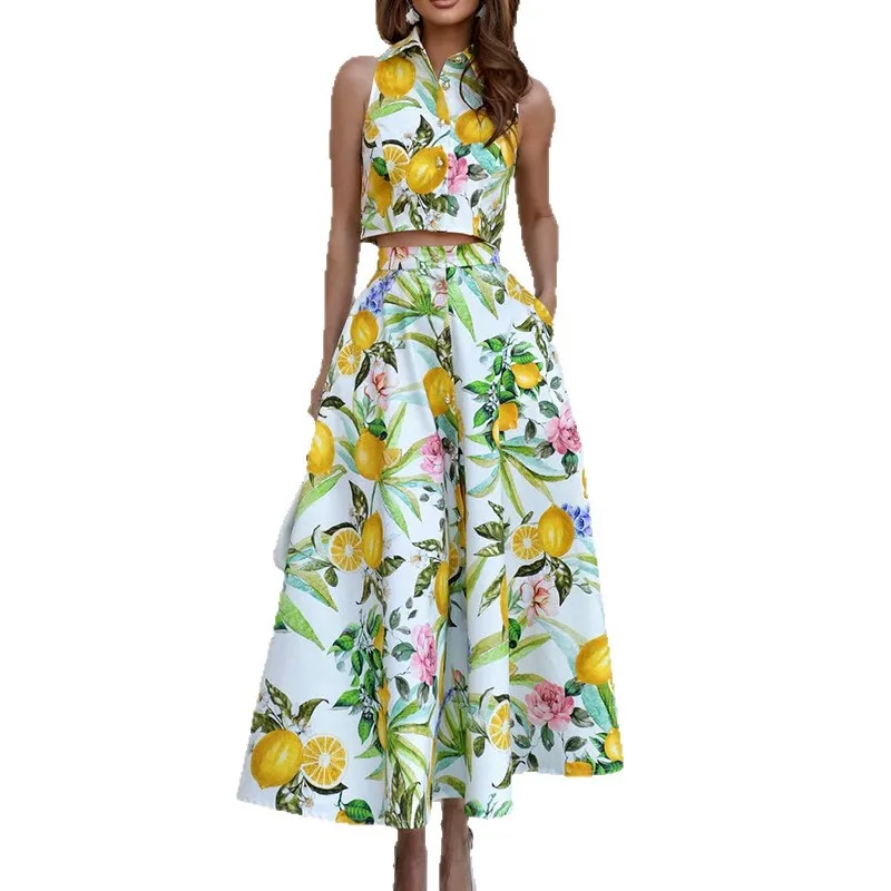 Women's Fashion Lemon Print Sleeveless Shirt + Pocket Skirt 2-piece Summer New Elegant Swing WomanVacation Skirt Set 2026 view 5