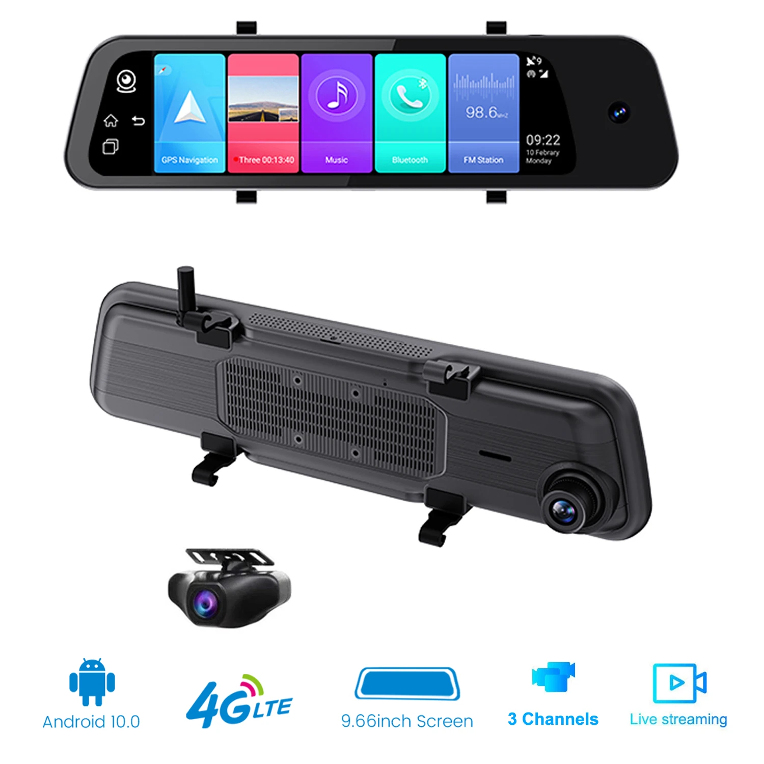 

9.6"Rearview Mirror 3 Channel 4G LTE Dash Cam With Live Streaming WiFi Car DVR Recorder with Android 10.0 OS ADAS GPS Navigation