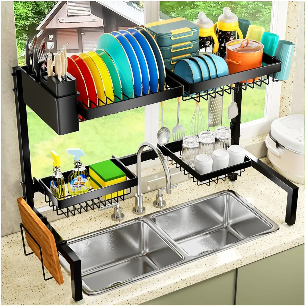 

4 Baskets Over The Sink Dish Drying Rack, Extendable Large Capacity Sink Rack, Metal Drying Rack Saving Space,for Most Sinks