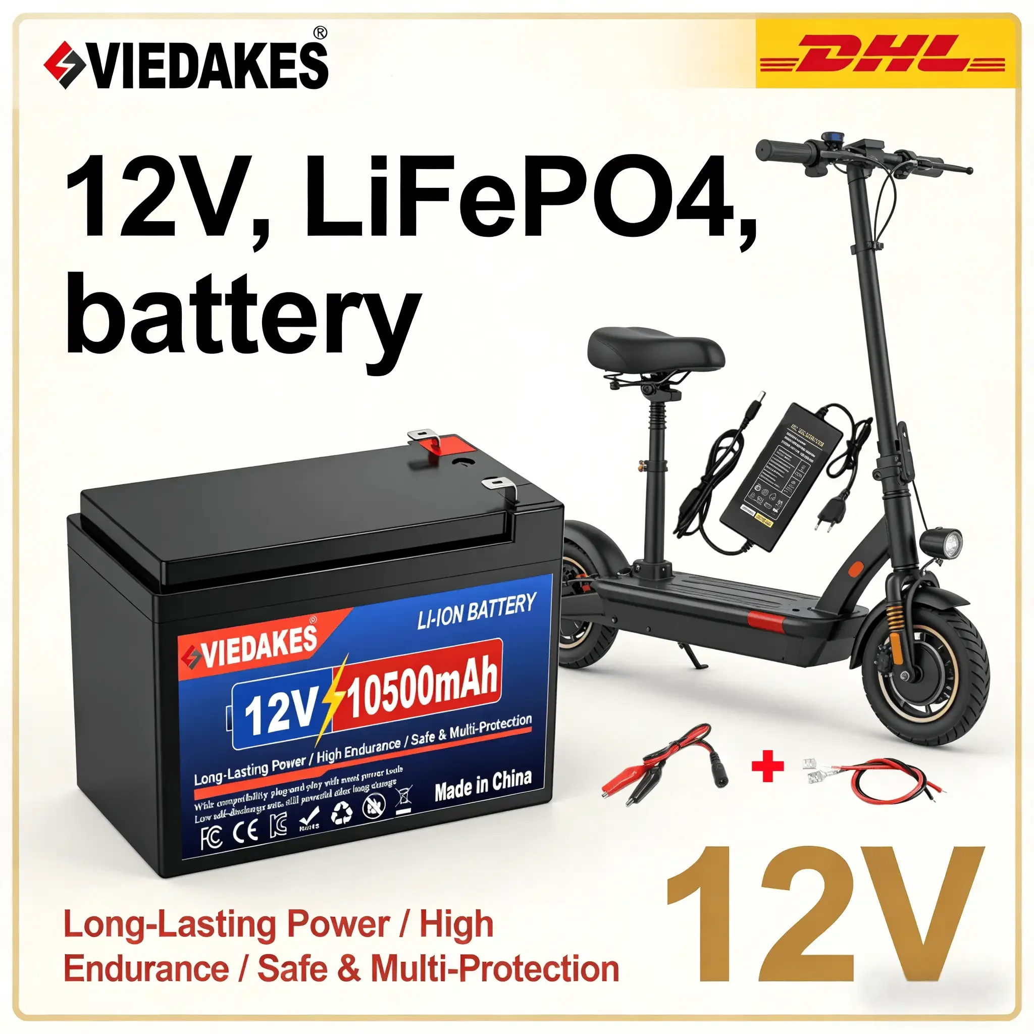 

VIEDAKES 12V LiFePO4 Battery 3S7P 10.5Ah 100% Real Capacity with Charger & Wires for Farm Water Pump Outdoor Equipment