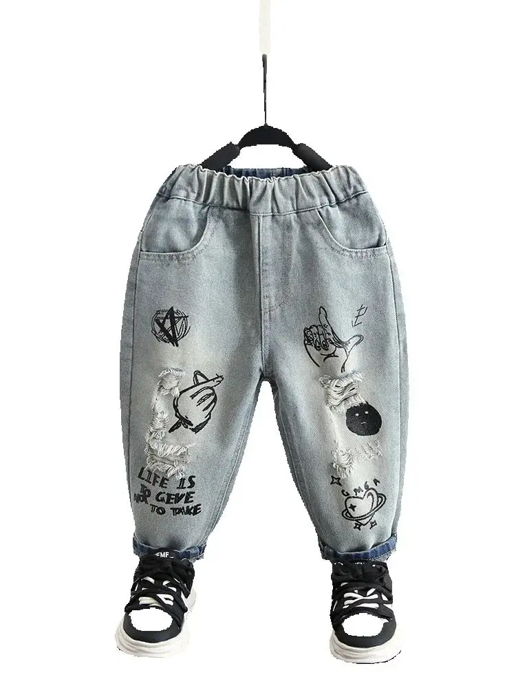 

Джинсовые штаны для маленьких мальчиков, однотонные детские штаны, джинсы, повседневные штаны, весенне-осенние детские джинсы, детские рваные брюки с дырками, От 2 до 10 лет