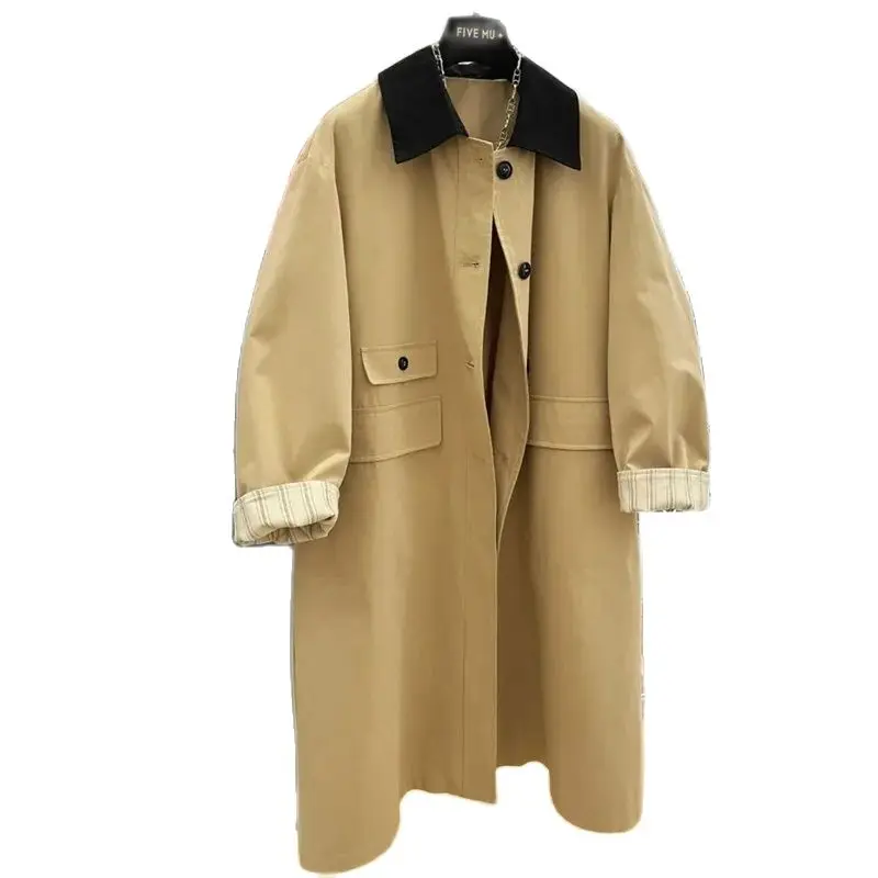 Spring Autumn mid-long Windbreaker Women Fashion Loose Casual Temperament Jacket Pure Colour Khaki Overcoat Female
