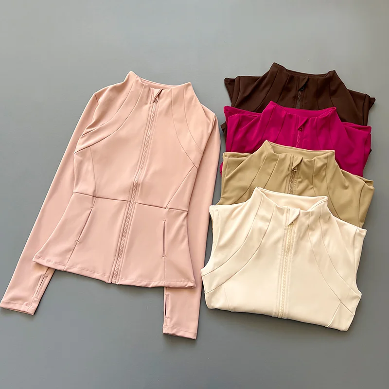 Women Zip Up Yoga Jacket Stand Collar Long Sleeve Slim Fit Sports Coat With Pockets Thumb Hole Fitness Running Activewear