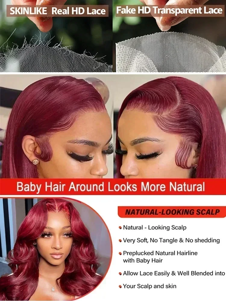 Объемная волна 180 200 Плотность Бордовый 13x6 Парик из натуральных волос 99J 13x4 HD Цветной красный 30 40 дюймов Бесклеевые кружевные фронтальные парики