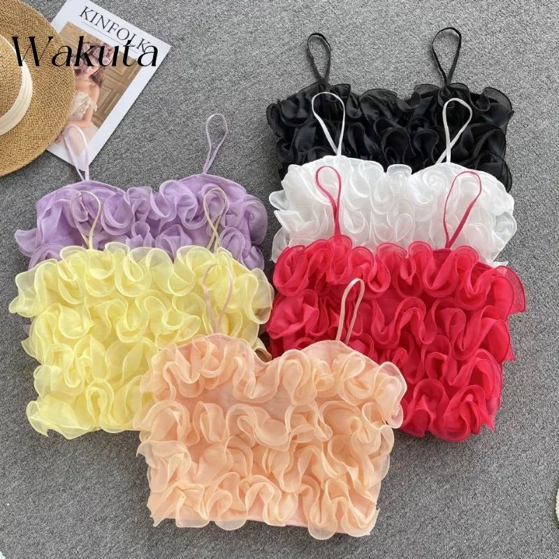 WAKUTA Summer Fashion French Sweet Tanks Three Dimensional Flower High Waist Short Tight Corset Elegant Party Strap Streetwear