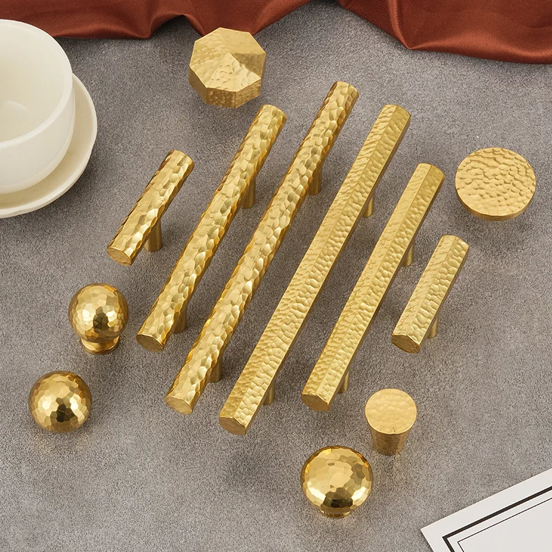 Solid Brass Wardrobe Handles Hammered Texture Handles Gold Cabinet Storage Handles Single Hole Drawer Knobs Furniture Hardware