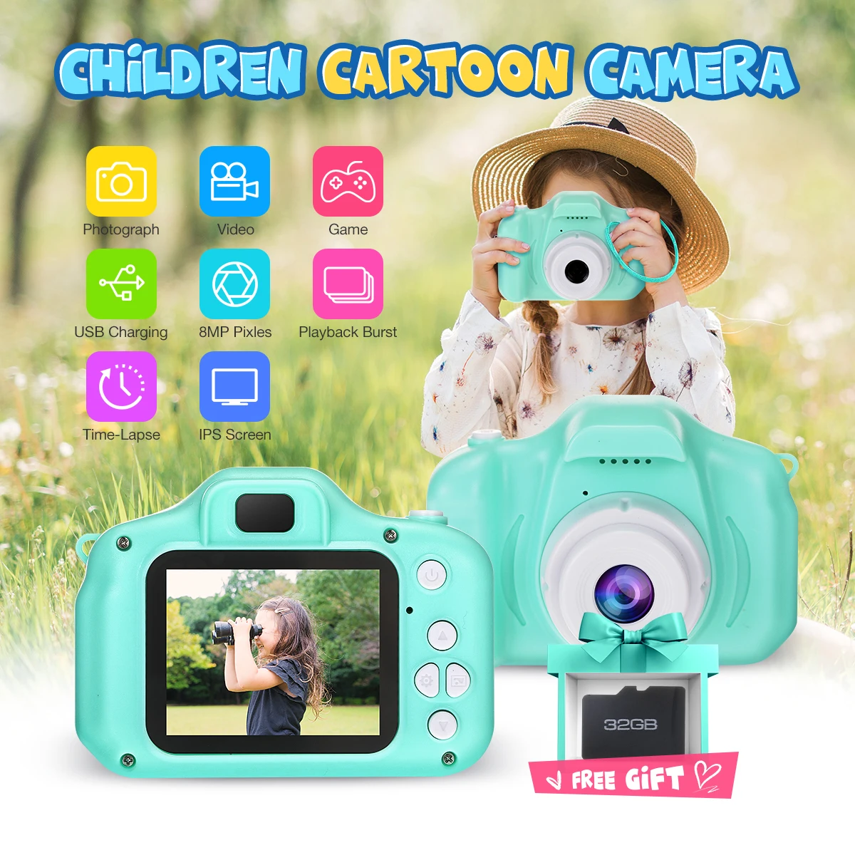 Mini cámara Digital verde para niños, 8M, 1080P, Zoom 4X, pantalla de 2 pulgadas, incluye tarjeta TF de 32GB, videocámara bonita para bebés
