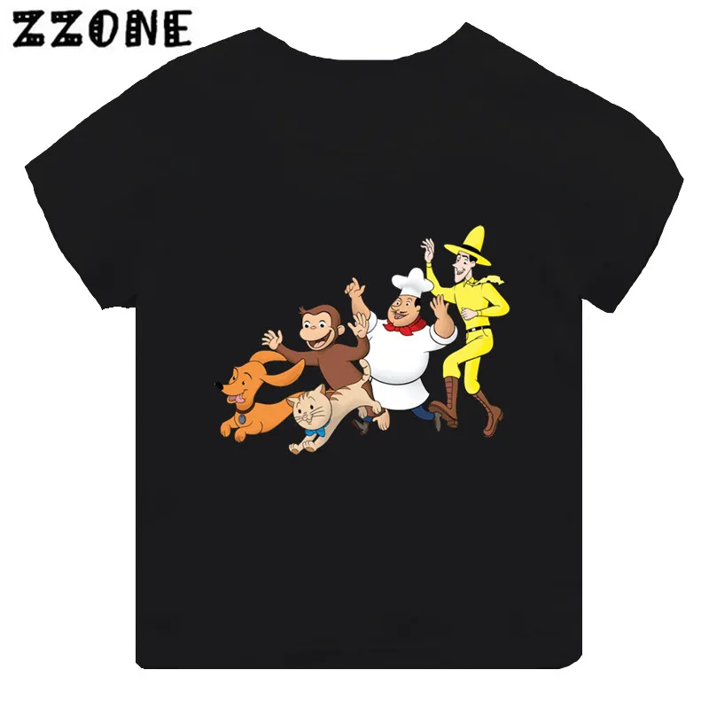 Curious George Funny Monkey Print Cartoon Kids T-shirt Girls Clothes Baby Boys Black Short Sleeve T shirt Children Tops,TH5266