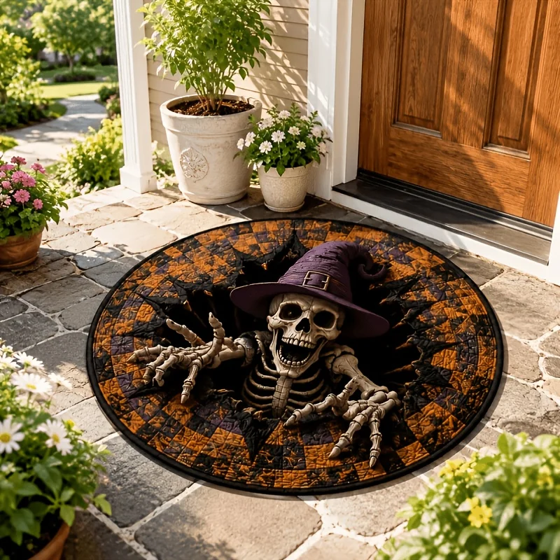 Halloween Round Carpet 3D Illusion Pit Witch Hat Ghosts Floor Mat Festive Home Decor Green Checkered Area Rugs Front Back Door