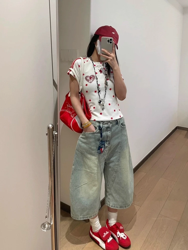 

American Retro Hip-hop Baggy Calf Length Jean Grunge Street Blue Pockets Pants Women's Y2K Washed Emo Casual Denim Trouser
