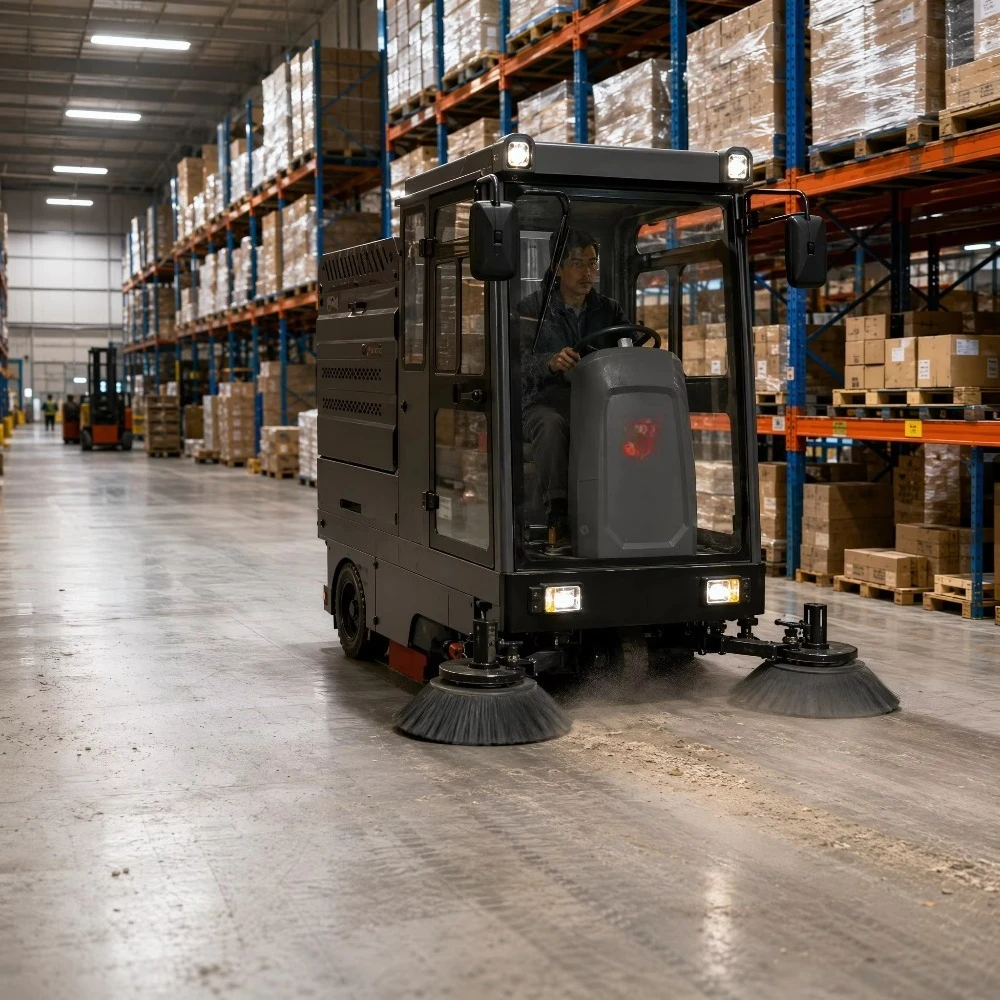 CleanHorse M6 Industrial Ride on Electric Battery Road Street Leaf Collecting Sweeper Scrubber Machine 2100mm 200L Dust Box