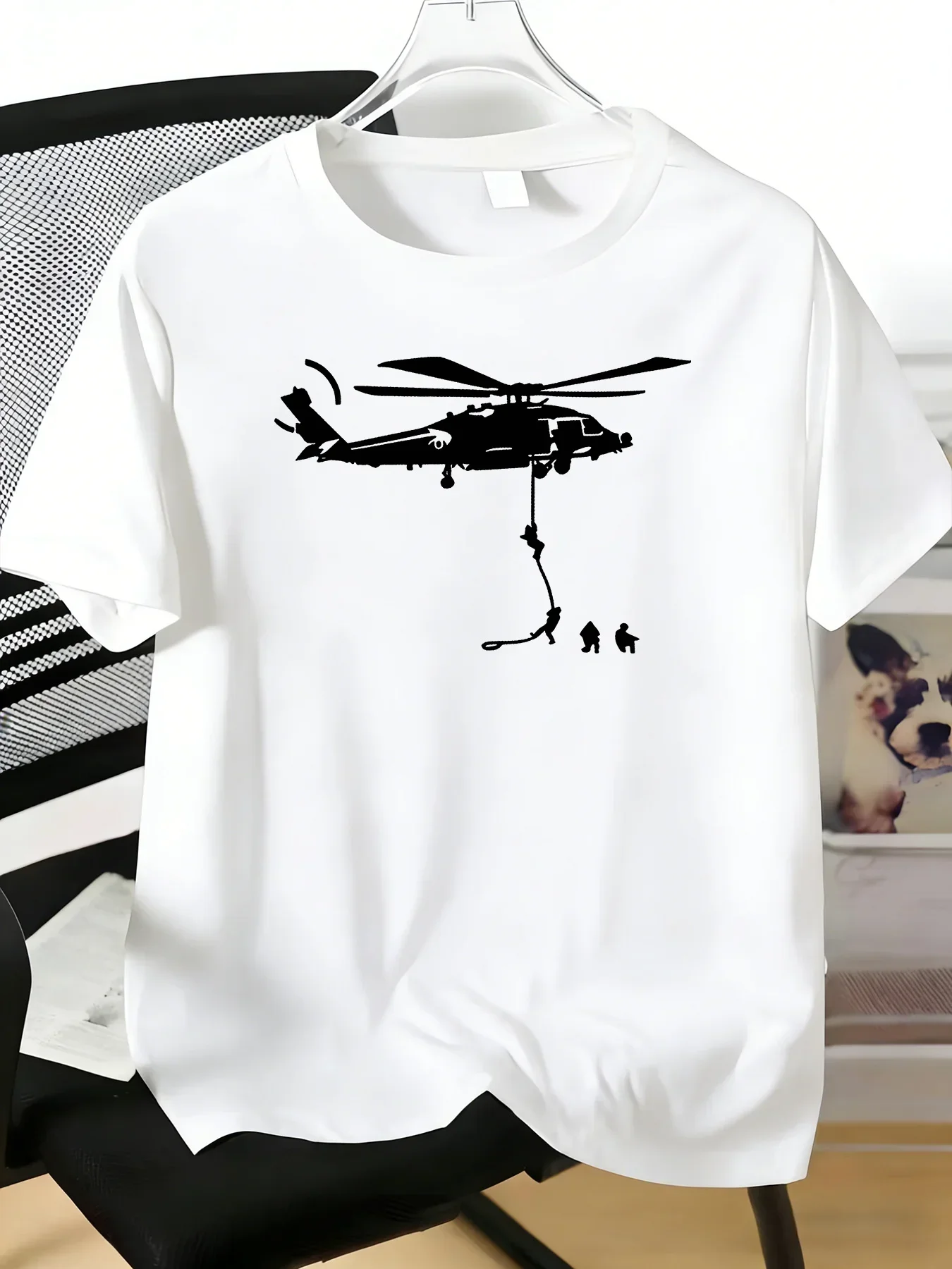 Male Dark Navy Crew Neck T Shirt Army Rescue Helicopter Troop Silhouette Graphic Soft Short Sleeve Veteran Casual Holiday Shirts