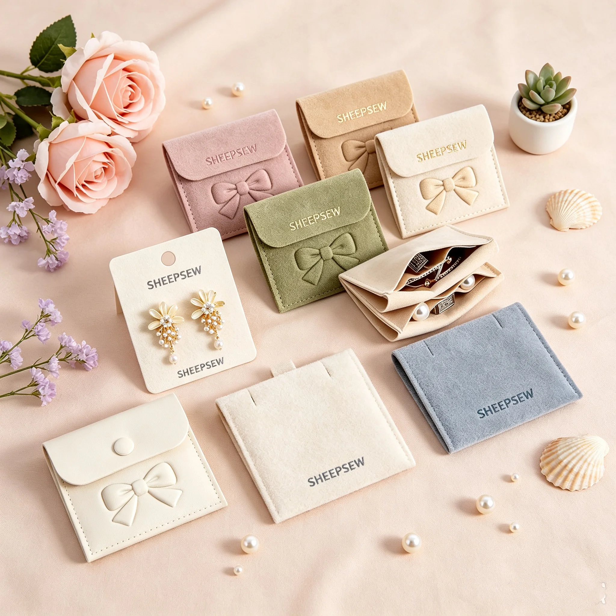 20/50/100pcs Luxury Microfiber Deboss Printing Jewelry Packaging Pouches Envelope Pouch with Button Divider Earrings Bracelet