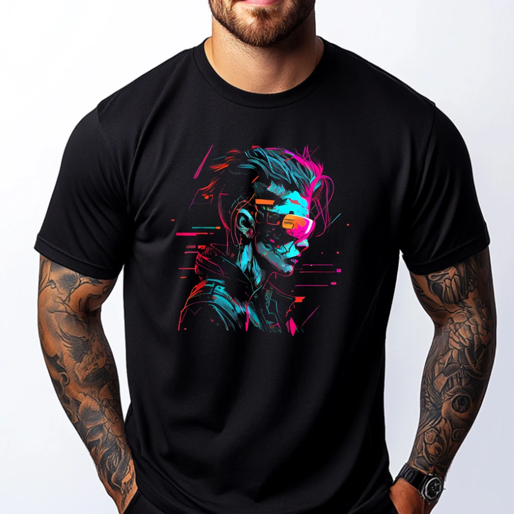 

Vibe Transhumanism Hacker Cyberpunk Computer Ai Glasses Pink Graphic Tees Breathable High Quality T-shirt