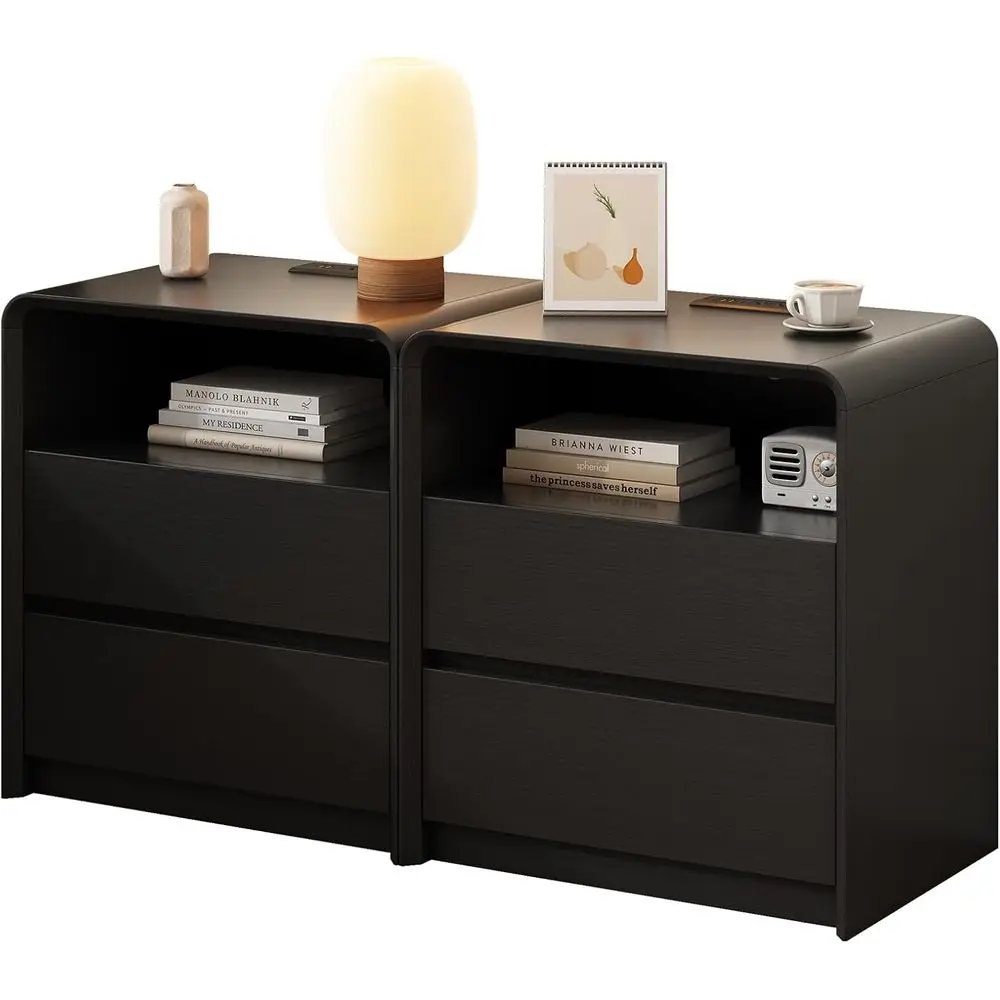 ern Nightstand or Bedroom,Black Nightstand,2 Storage Ders Side Table,21.6" Wide Wood Bede Table with Charging Station,Curved Pro