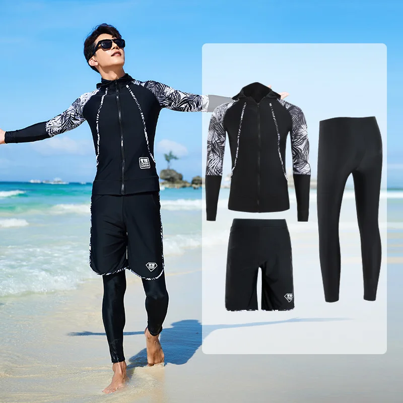 Long Sleeve Rash Guard Men Print 3 Pieces Slimming Swimsuit Zipper Swimwear Long Pant Couples