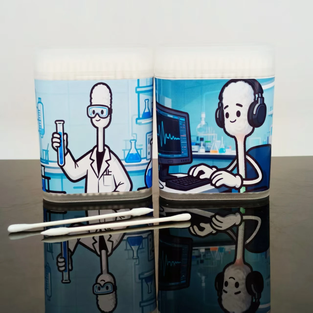 ​ 200 uds/400 Uds. Hisopos de algodón estampados de la serie Laboratory, hisopos de algodón blancos de tallo fino, hisopos de algodón de regalo ​ ​