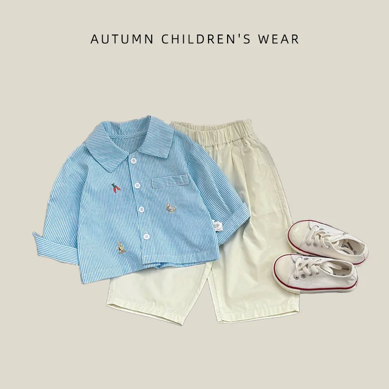 Boys Shirt 2026 Autumn and Winter New Children's Clothing Korean Style Boys and Girls Fashion Embroidered Striped Shirt
