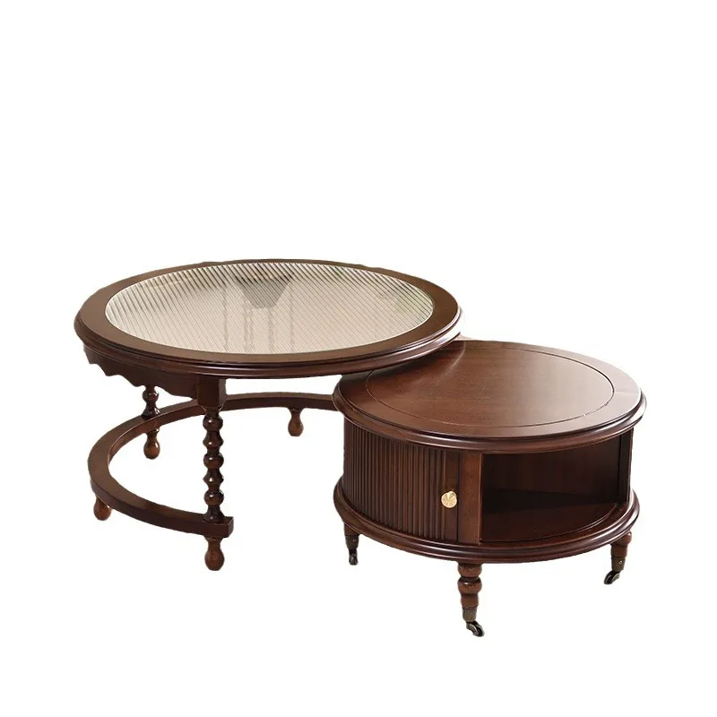 

French medieval solid wood size combination round coffee table living room TV cabinet coffee table combination