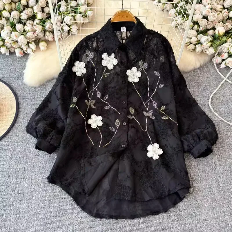 Single-breasted Shirts Diamonds Light Luxury Stereo Flower Chic Blusas Mujer New Chinese Style Vintage Women Clothing Blouses