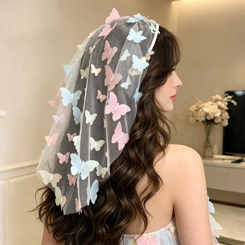 3D Colorful Butterfly Mesh Headscarf for Women Sweet Tulle Triangle Head Wrap Fairy Turban Headband Wedding Party Hair Accessory