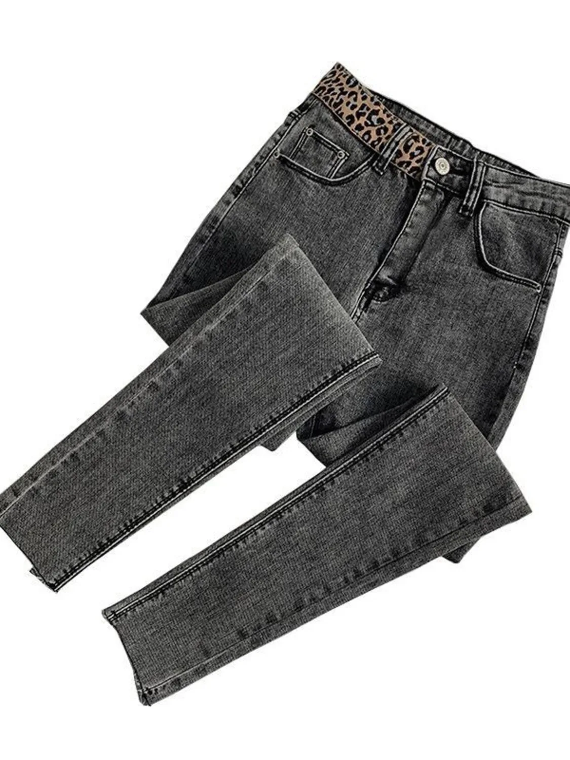 

Women's High Waist Skinny Jeans Leopard Print Waistband Vintage Washed Slim Denim Pants Raw Hem