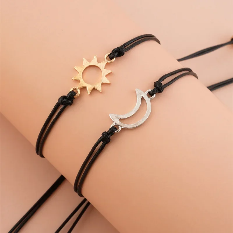 Simple Sun and Moon Alloy Wax Wire Braided Bracelet Adjustable Couple Bracelet Jewelry Temperament Versatile Fashion Couple Gift