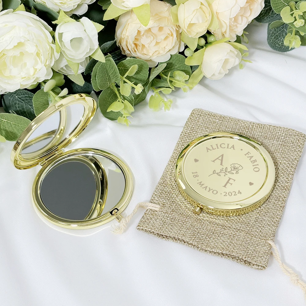 Свадебные сувениры Карманные зеркала для макияжа с мешковинами Свадебные подарки для гостей Сувениры для вечеринок Персонализированные золотые компактные зеркала