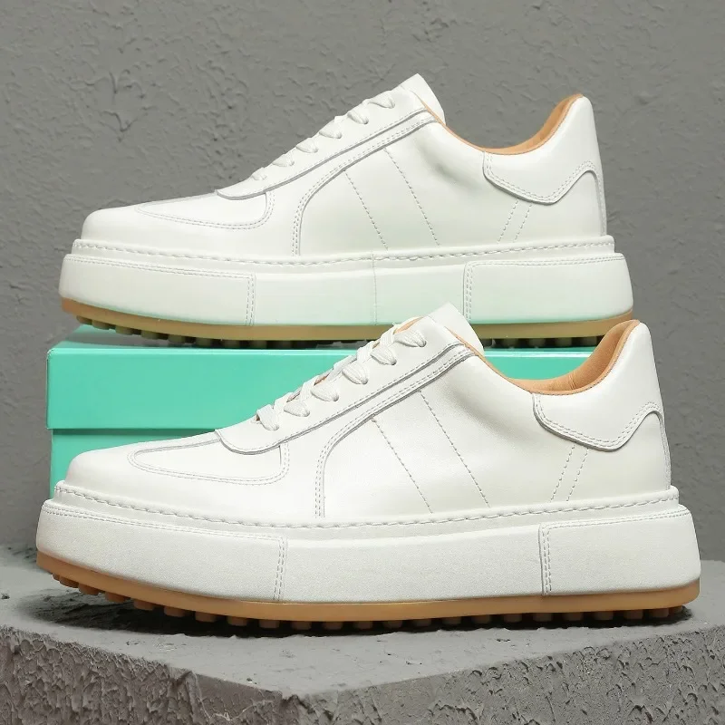 Fashion Minimalist White Sneakers New Men Low-Top Flats Genuine Leather Thick-Sole Height Increasing Business Casual Shoes
