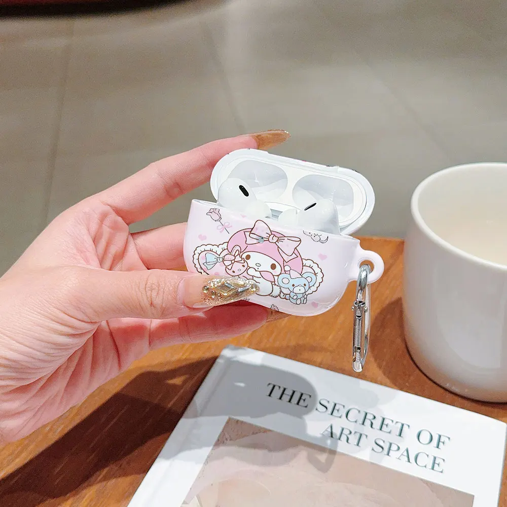 เคส PC แบบแข็งกันกระแทกลาย My Melody สีชมพูน่ารักสำหรับ airpods หูฟัง1 2 3 Pro Pro2พร้อมตะขอโลหะ