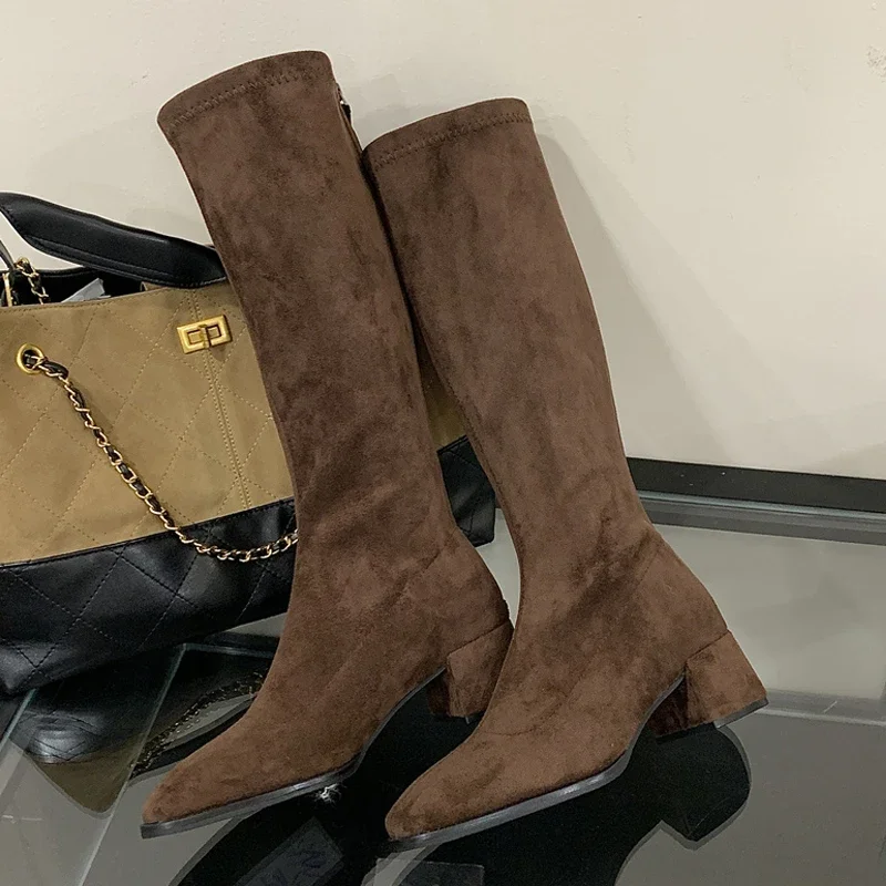 

Eilyken/женские сапоги до колена высокого качества с круглым носком, модная обувь на квадратном каблуке, осенне-зимние длинные ботильоны на молнии