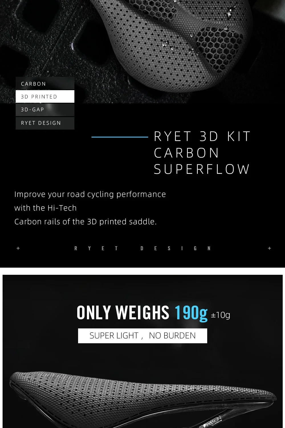 RYET Carbon 3D-gedruckter Sattel 145/155MM 190g 7*9 Fahrradsitz für Herren Damen Triathlon Rennrad MTB Mountain Gravel Fahrradteile – Detail 11