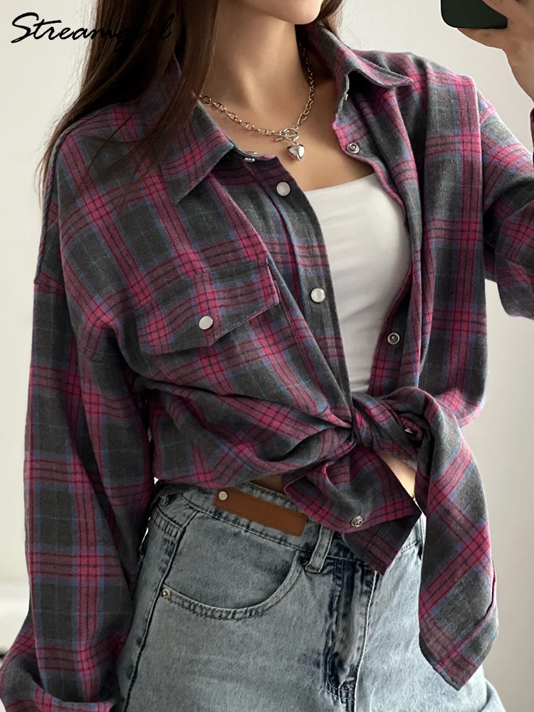 Vintage Oversize Plaid Shirt For Women Long Orange Plaid Tops Oversized Blouse Orange Women\' s Loose Plaid Shirts Long Sleeve