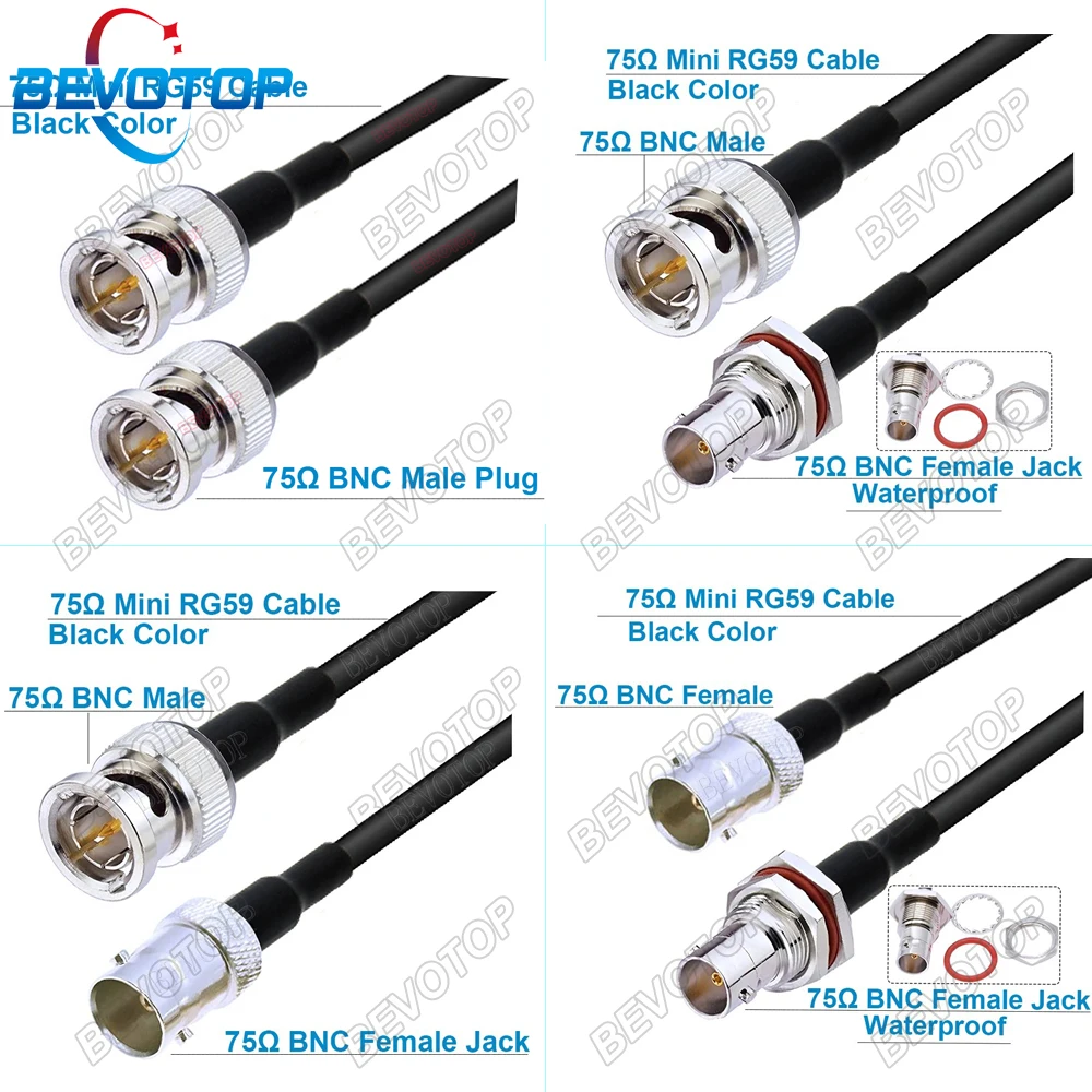 Black Color HD SDI Cable 75 Ohm BNC to BNC MiniRG59(1855A) Pigtail for HD-SDI/3G-SDI/4K Video Security Camera CCTV Systems