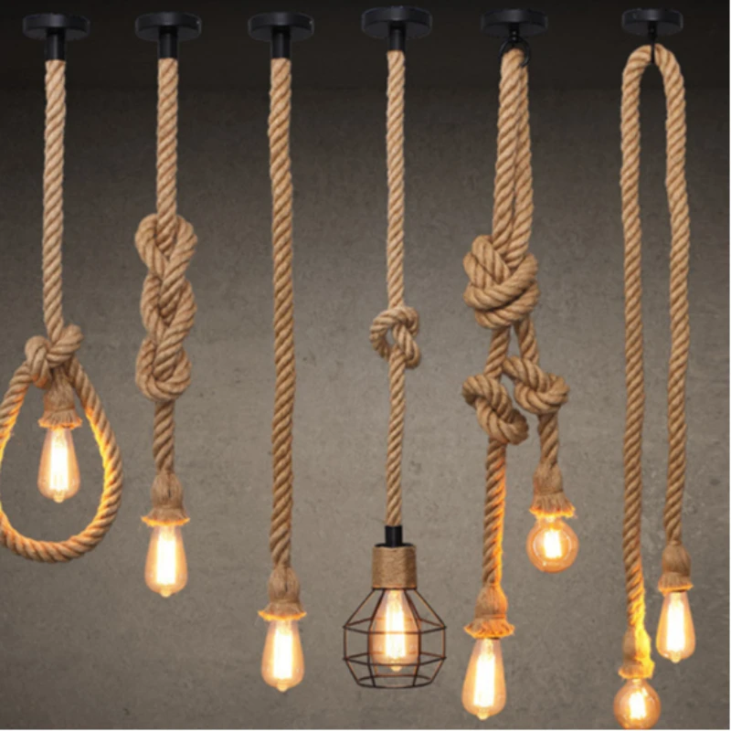 

Creative Diy American Retro Hemp Rope Pendant Lights Industrial Style Restaurant Cafe Leisure Bar Single/double Head Chandeliers