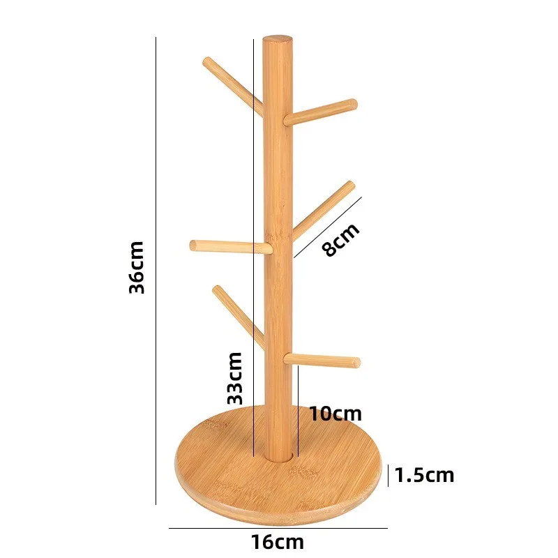 Bamboo Mug Hanger Rack Tree Shape Coffee Tea Cup Storage Holder Removable Bamboo Mug Stand Organizer Drinkware Shelf with 6 Hook