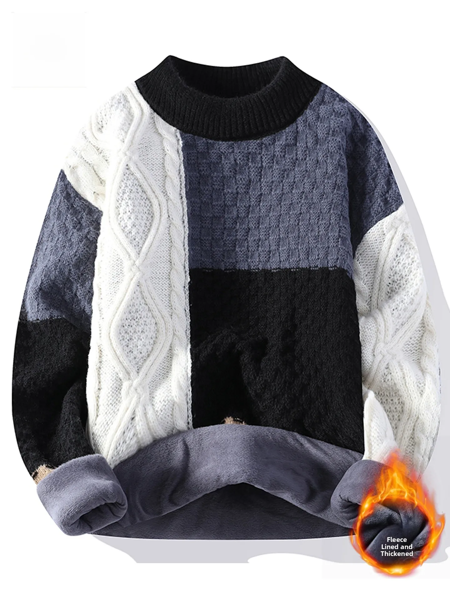

Men's Thiened Fce Lined Splicing Knitted Sweater round Ne Pullover Warm Base irt Color Blo Design Winter ential