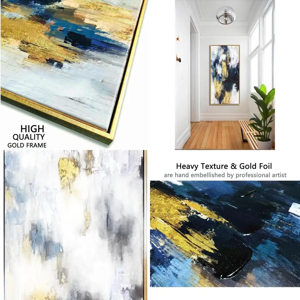 

Большое вертикальное синее и золотое абстрактное искусство, текстурированный холст, настенный декор с золотой фольгой, в рамке для гостиной, спальни, офиса
