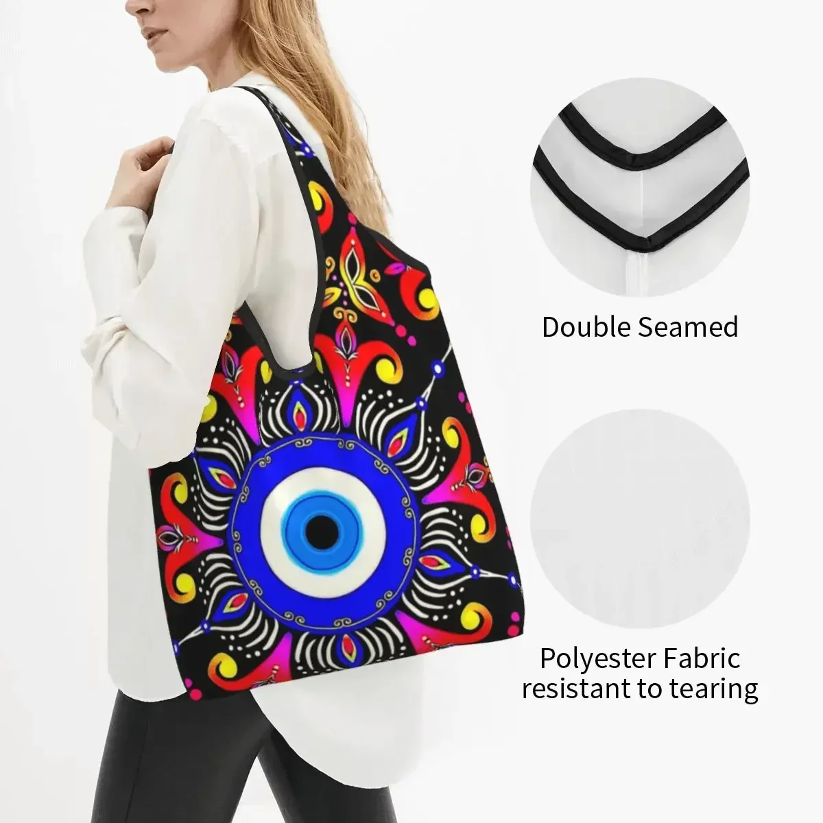 Fashion Printed Mediterranean Evil Eye Tote Shopping Bag Portable Shoulder Shopper Turkish Amulet Culture Handbag