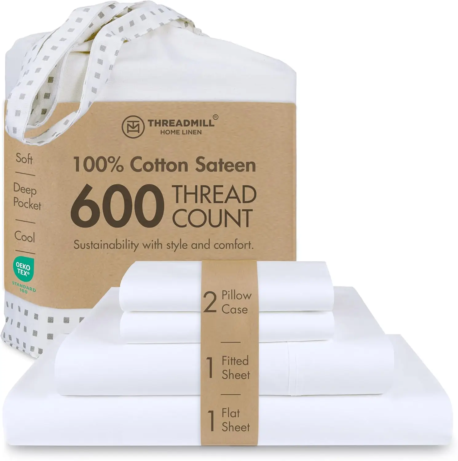 

Комплект постельного белья Queen Size из 100% хлопка - сатиновое переплетение 600 нитей с охлаждающим эффектом, белый