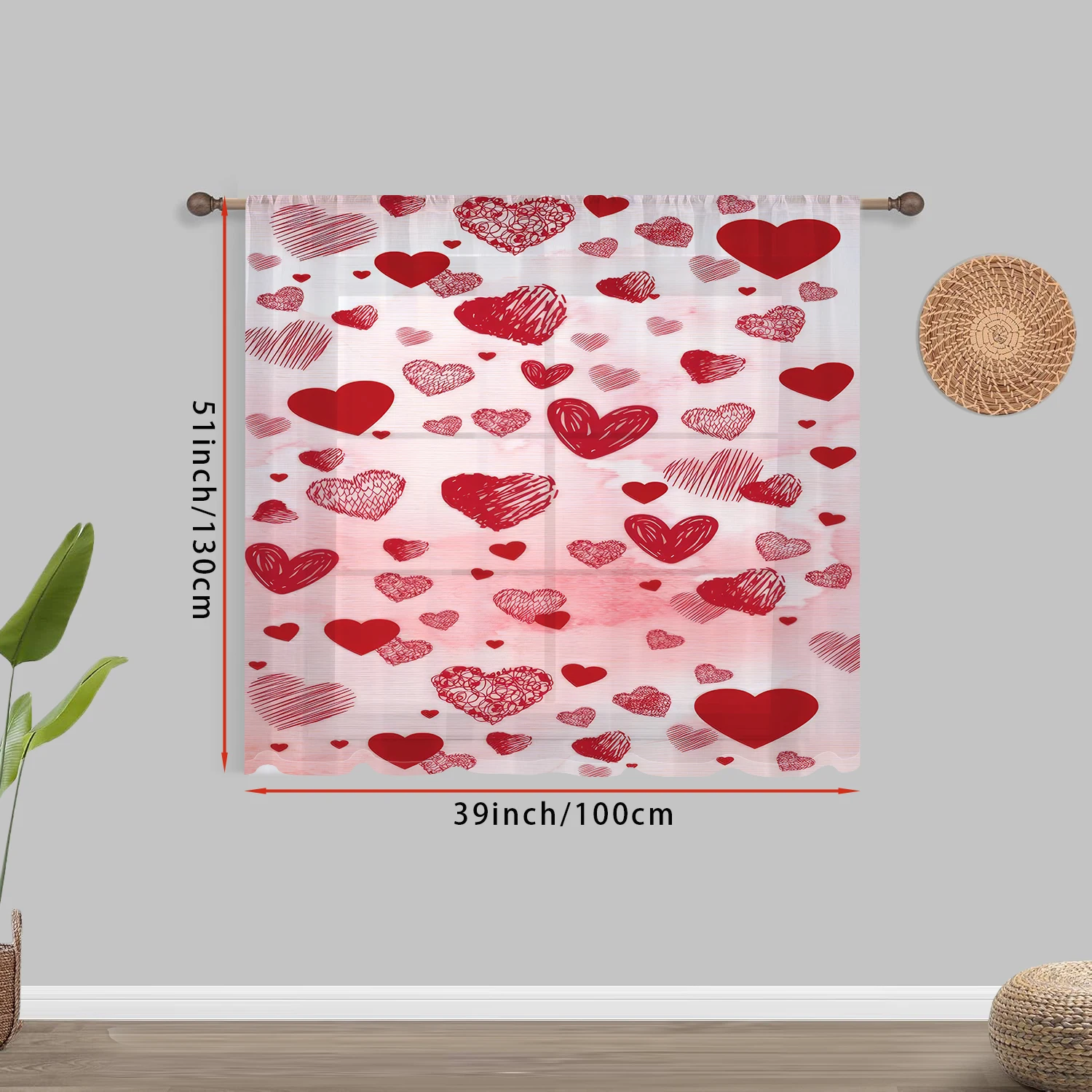 1 peça cortina de gaze decorativa em forma de coração pintada à mão vermelha, romântica e festiva, adequada para quartos e salas de estar