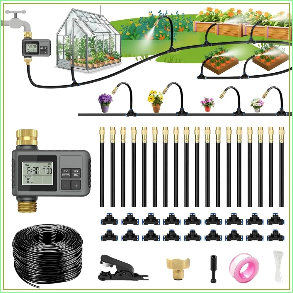 60ft Drip Irrigation System With Smart Timer, Brass Connectors, 360 Adjustable Nozzles & Bendable Tubing For Garden