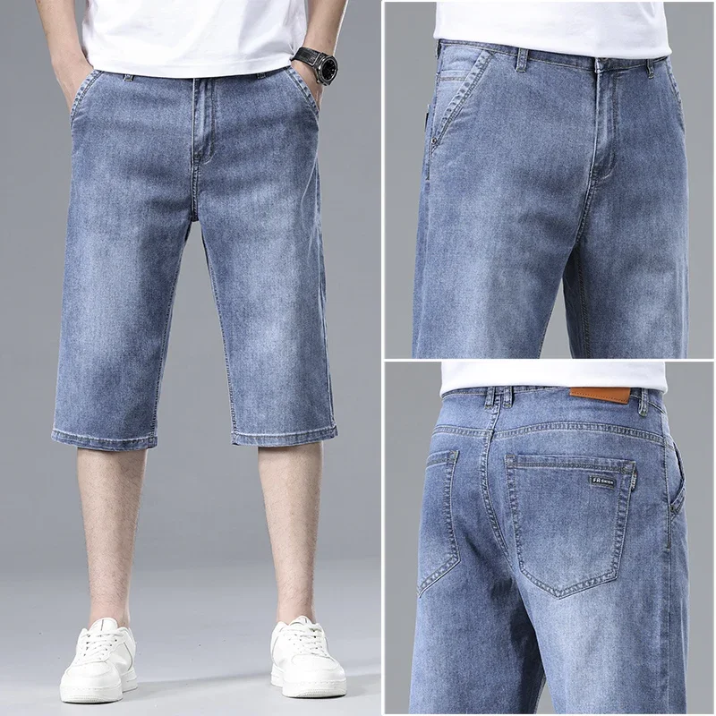 

Men Summer Thin American Men's Loose Straight Cool Trendy Washing Denim Shorts for Casual Stretch Large Size Crop Pants
