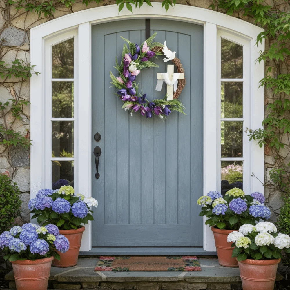 

Faux Flowers Easter Tulip Cross Wreath Colorful Design Artificial Rattan Ring Garland Handmade Door Hanger