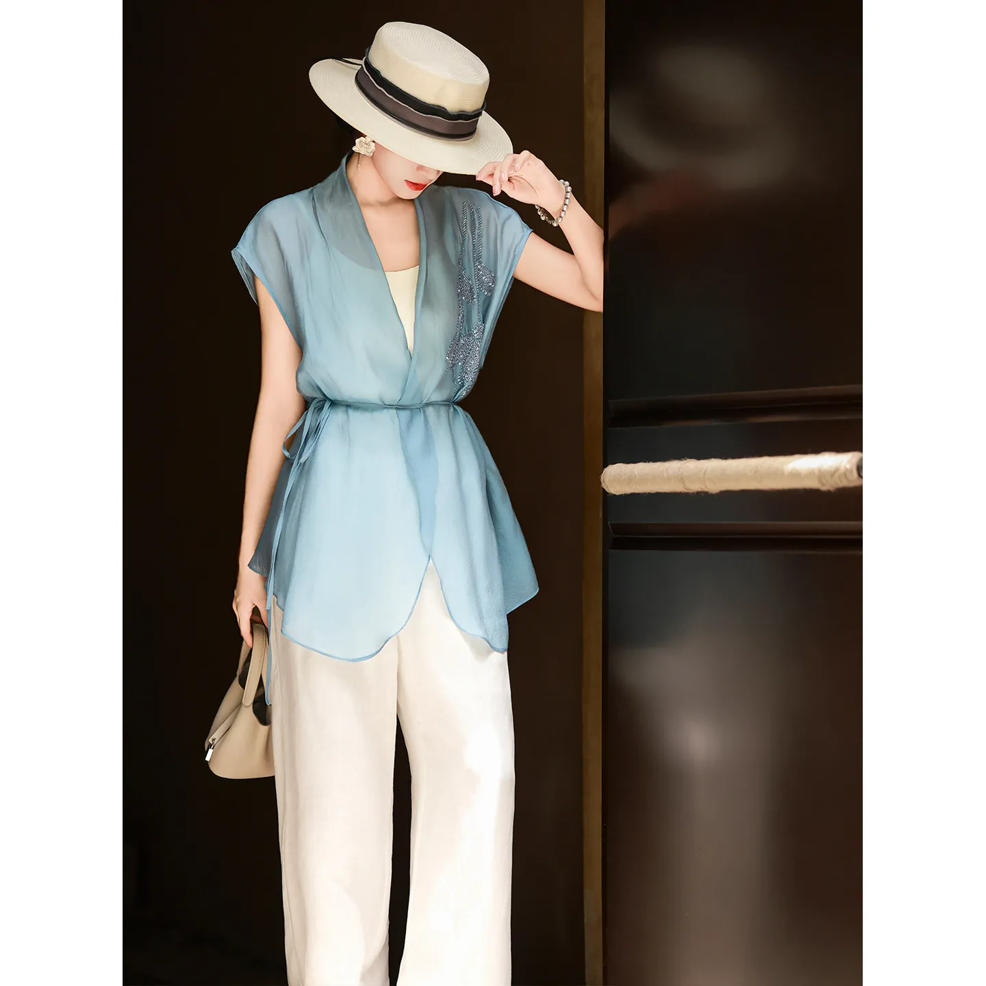 

MEXCOCO 2026 New Summer Elegant Cap Sleeve V Neck Beaded Waist Tie Sheer Chiffon Tunic Blouse Commuter Loose Women Top